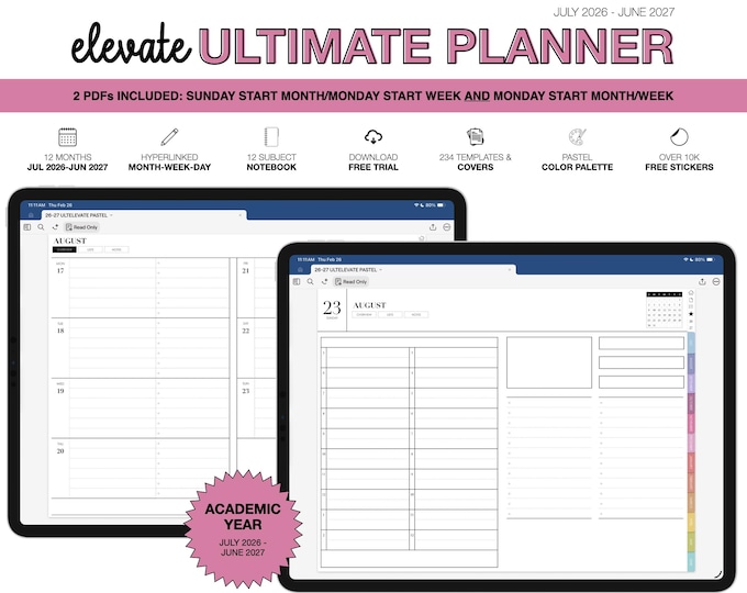 2026-2027 Digital Planner for Goodnotes, Notability, Mid Year, 12 Subject Notebook (Ultimate Elevate in Pastel Color)