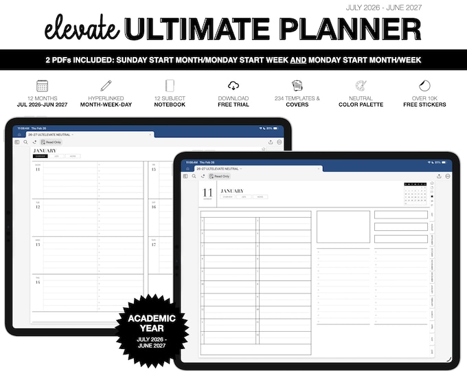 2026-2027 Digital Planner for Goodnotes, Notability, Mid Year, 12 Subject Notebook (Ultimate Elevate in Neutral Color)