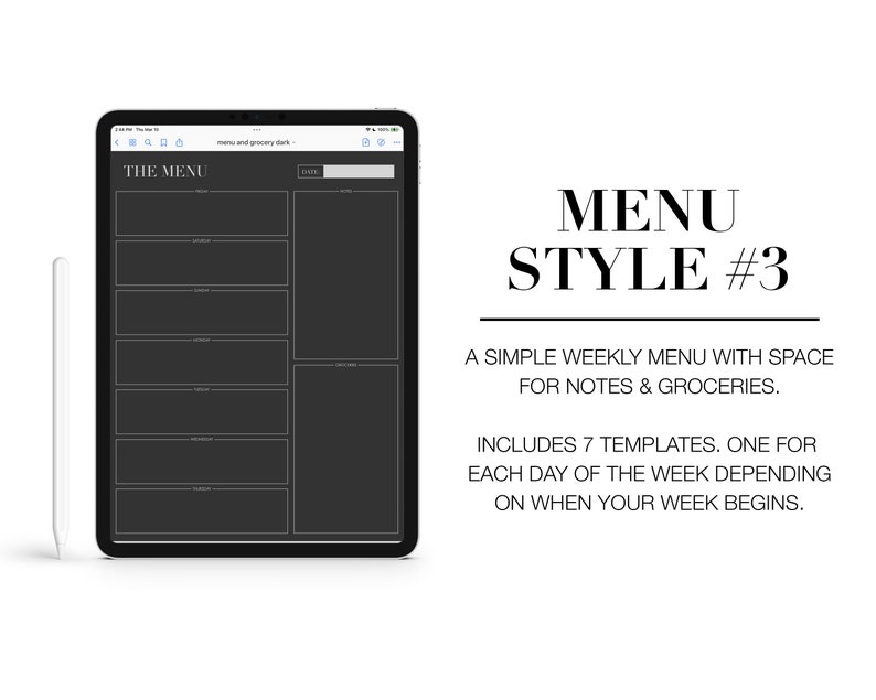 Puede incluir: Una plantilla de planificador digital en blanco y negro en la pantalla de una tableta. La plantilla se titula "THE MENU" e incluye siete secciones para la planificaci&oacute;n de comidas, notas y listas de la compra.