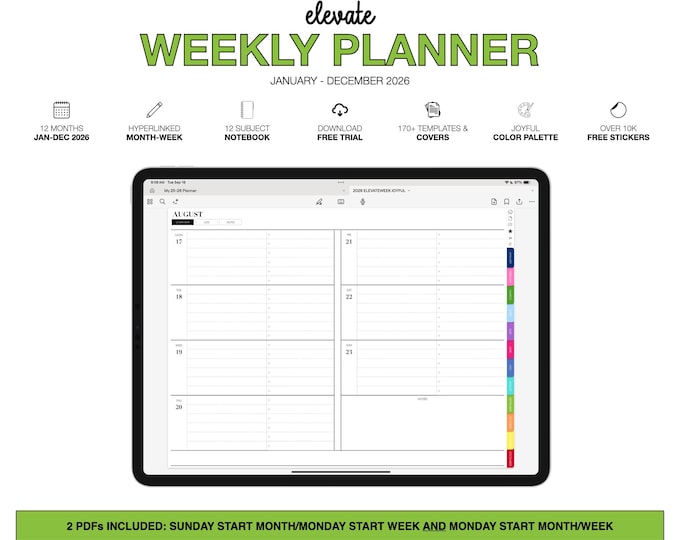 2026 Weekly Digital Planner | Elevate | 12-Subject Notebook | for Goodnotes (Joyful Color)