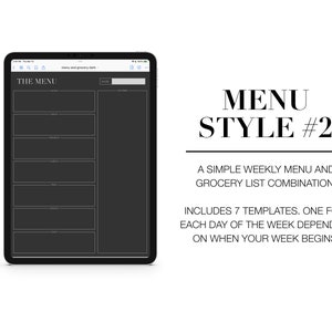 Puede incluir: Una plantilla de planificador digital en blanco y negro en la pantalla de una tableta. La plantilla es para un men&uacute; semanal y una lista de la compra. Incluye 7 plantillas, una para cada d&iacute;a de la semana. El texto "THE MENU" est&aacute; en la parte superior de la pantalla.