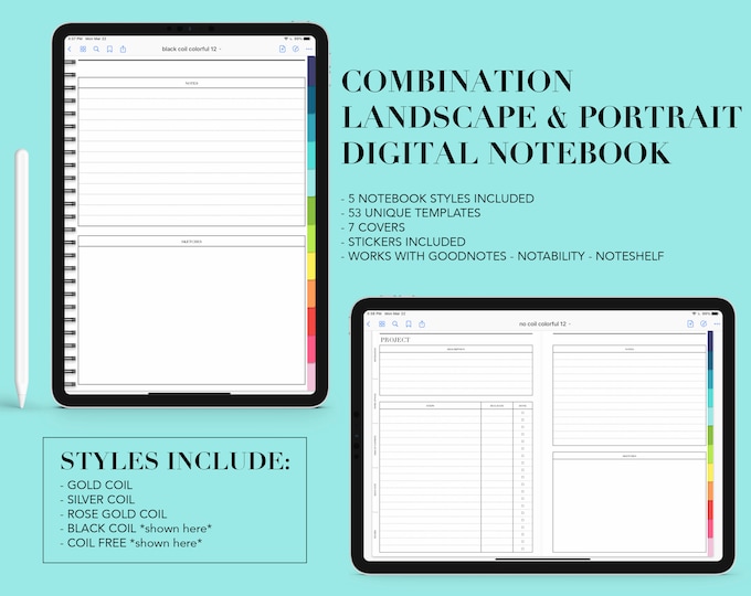 12 Subject Digital Notebook | 53 Templates | Landscape or Portrait | for Goodnotes (Colorful Color)