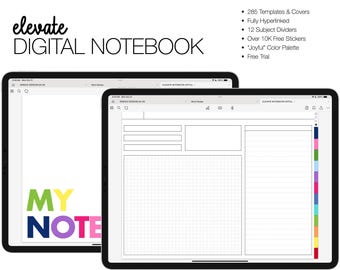 May include: A digital notebook app on an iPad screen. The app features a gridded page with a section for notes and a section for a checklist. The app also includes a colorful palette of stickers and a free trial.
