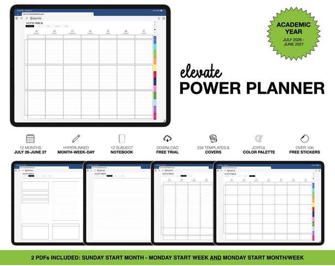 2026-2027 Digital Planner for Goodnotes, Notability, Mid Year, 12 Subject Notebook (Elevate Power in Joyful Color)