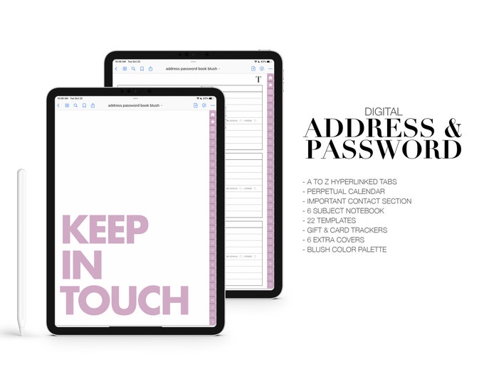 Digital Address & Password Book | Perpetual Calendar | 6 Subject Notebook | for Goodnotes (Blush Color)