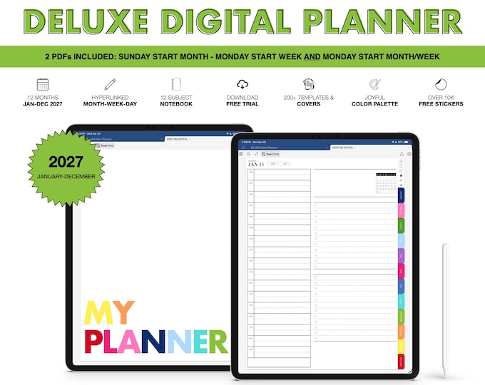 2027 Digital Planner for Goodnotes, Notability, 12 Subject Notebook  (Deluxe in Joyful Color)