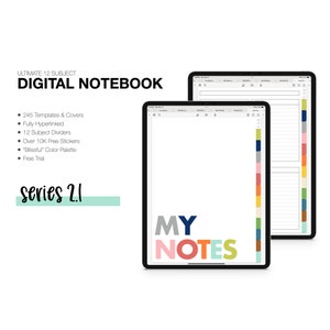 May include: A digital notebook app displayed on an iPad screen. The app features a colourful "MY NOTES" title and a range of colourful dividers. The app is advertised as having 245 templates and covers, being fully hyperlinked, having 12 subject dividers, over 10,000 free stickers, a "Blissful" colour palette, and a free trial.