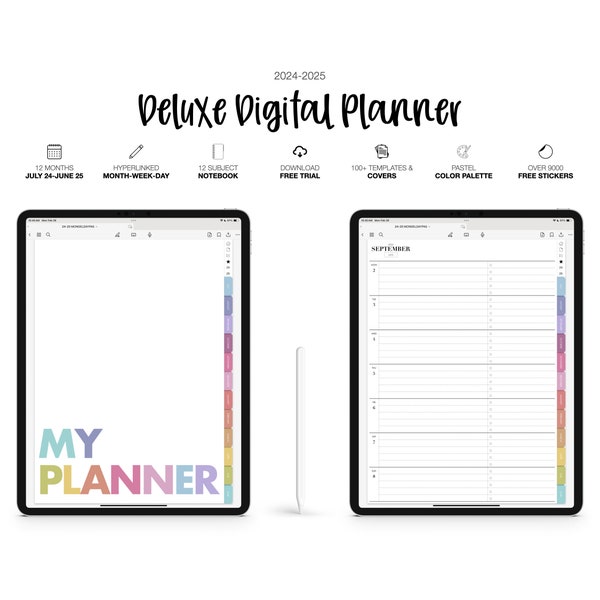 2024-2025 MID YEAR Deluxe Daily Digital Planner & 12 Subject Notebook | Monthly, Weekly and Daily | Goodnotes, Noteshelf  | Pastel