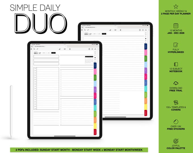 2026 Digital Planner | Simple Daily Duo | for Goodnotes (Joyful Color)