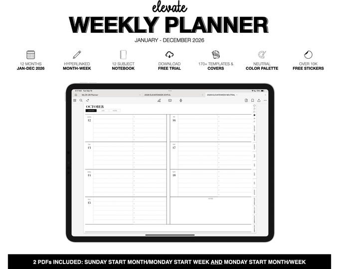 2026 Weekly Digital Planner | Elevate | 12-Subject Notebook | for Goodnotes (Neutral Color)