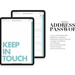 Rubrica digitale di indirizzi e password / Calendario perpetuo / Quaderno con 6 argomenti / 22 modelli di carta / Scaffale per appunti - Goodnotes / Acquamarina