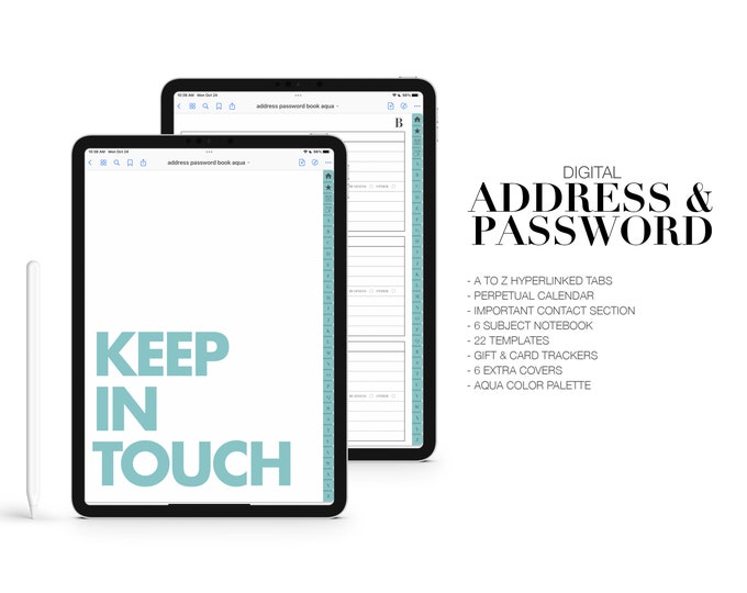 Digital Address & Password Book | Perpetual Calendar | 6 Subject Notebook | for Goodnotes (Aqua Color)