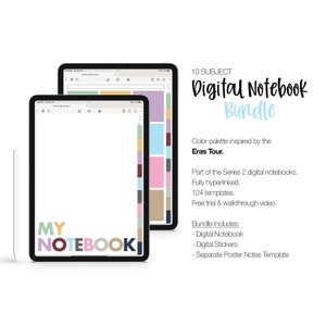 May include: Two iPad screens displaying a digital notebook bundle with a colour palette inspired by the Eras Tour. The bundle includes 124 templates, a free trial, and a walkthrough video. The text on the screen reads "My Notebook" and "10 Subject Digital Notebook Bundle".