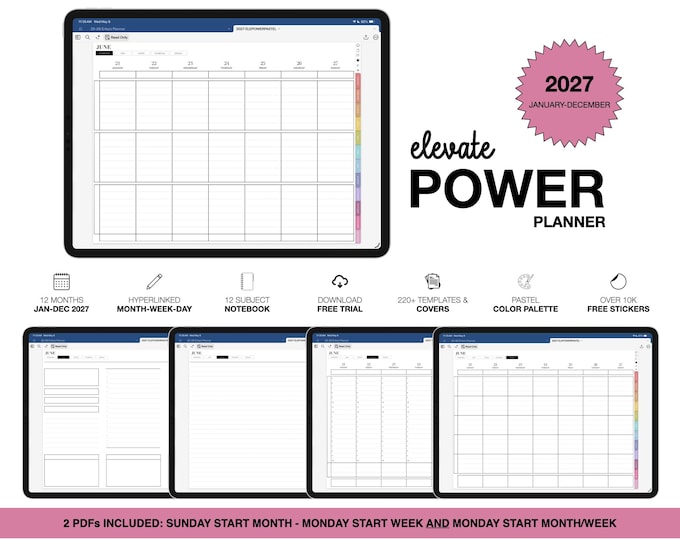2027 Digital Planner for Goodnotes, Notability, 12 Subject Notebook (Elevate Power in Pastel Color)