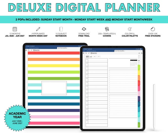 2026-2027 Digital Planner for Goodnotes, Notability, Mid Year, 12 Subject Notebook (Deluxe in Colorful Color)