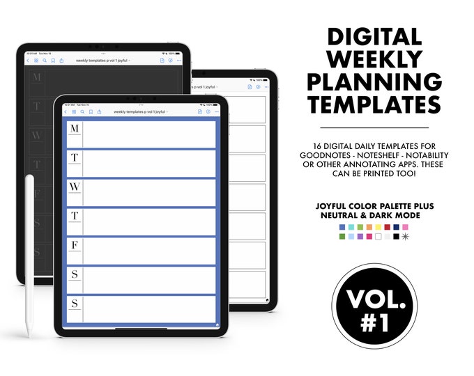 This Week VOL 1 - 16  Digital Weekly Planning Templates |  Joyful, Neutral and Dark Mode