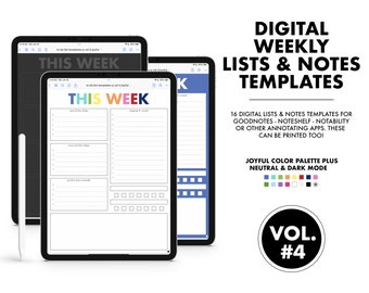 16 Digital Lists and Notes Planning Templates - VOL 4  |  Joyful, Neutral and Dark Mode