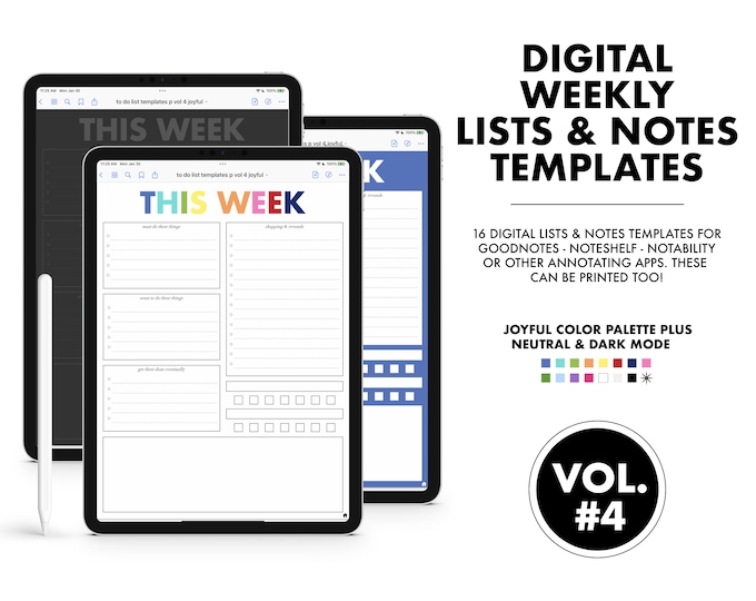16 Digital Lists and Notes Planning Templates - VOL 4  |  Joyful, Neutral and Dark Mode