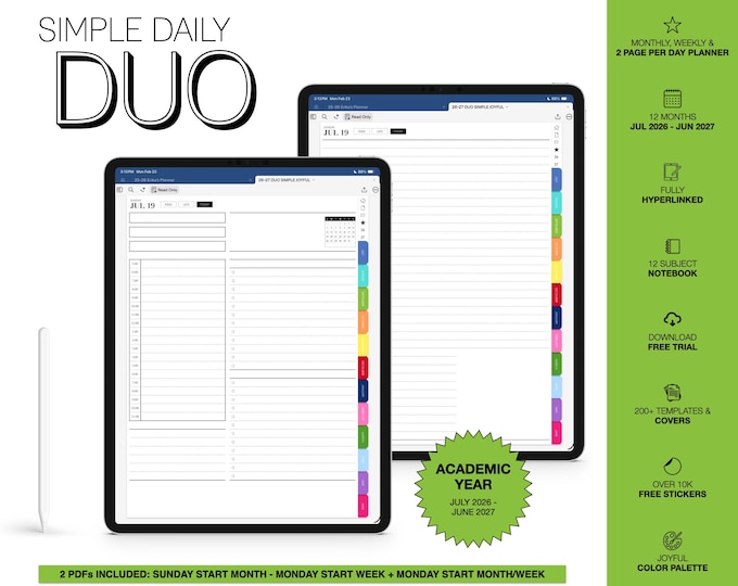 2026-2027 Digital Planner for Goodnotes, Notability, Mid Year, 12 Subject Notebook, 2 Page Per Day (Simple Duo in Joyful Color)