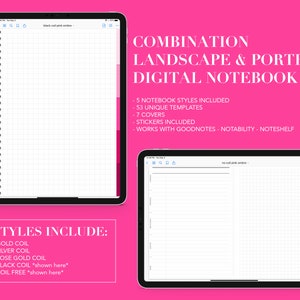 May include: A digital notebook template for iPad with a pink background. The template includes 5 notebook styles, 53 unique templates, 7 covers, and stickers. It works with Goodnotes, Notability, and Noteshelf.