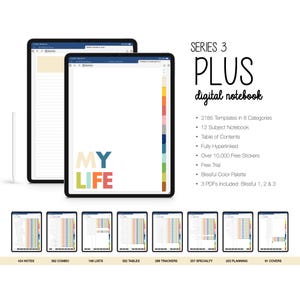 May include: Two black tablets showing a digital notebook with the text "MY LIFE" in colourful letters. The text "SERIES 3 PLUS digital notebook" is also visible, along with features like templates, stickers, and a colour palette.