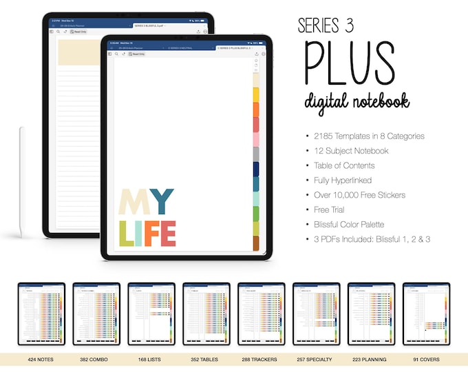 Digital Notebook for Goodnotes, Notability, 12 Subject,  2185 Templates  (Series 3 Plus in Blissful Color)