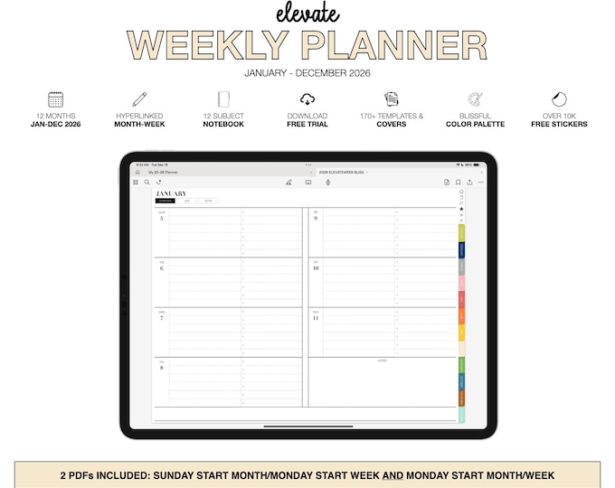 2026 Weekly Digital Planner | Elevate | 12-Subject Notebook | for Goodnotes (Blissful Color)