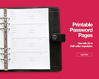 Pagine password stampabili - A5 / Mezza lettera / Download immediato