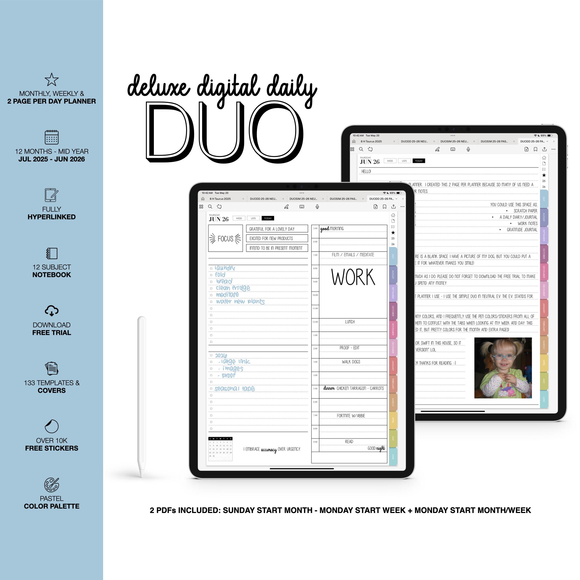 Deluxe Digital Daily DUO 2025-2026 Mid Year | 2 Page Per Day, Weekly, Monthly Planner | 12 Subject Notebook | Goodnotes | Pastel