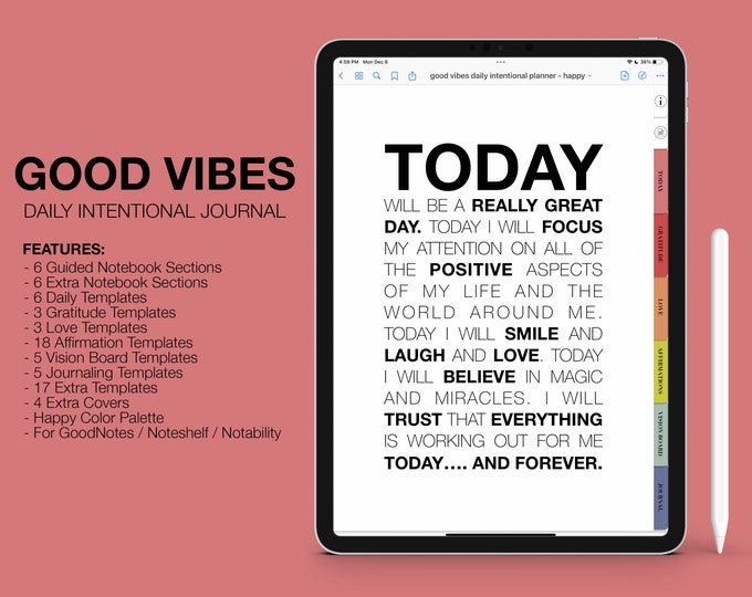 Digital Daily Intentional Journal | Gratitude, Affirmations | for Goodnotes (Happy Color)