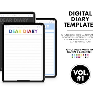 16 Digital Journal Templates - Dear Diary VOL 1 |  Diary | Journal | Joyful, Neutral and Dark Mode