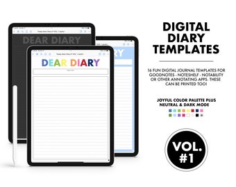 16 Digital Journal Templates - Dear Diary VOL 1 |  Diary | Journal | Joyful, Neutral and Dark Mode