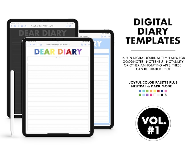 Dear Diary Digital Templates | VOL 1 | for Goodnotes (Joyful, Neutral and Dark Mode Color)