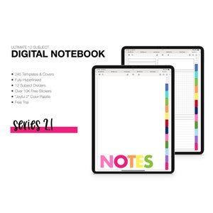 Puede incluir: Dos cuadernos digitales sobre un fondo blanco. El texto "ULTIMATE 12 SUBJECT DIGITAL NOTEBOOK" está en la parte superior. El cuaderno muestra la palabra "NOTES" en letras coloridas. El texto adicional incluye "245 Templates & Covers" y "series 2.1".