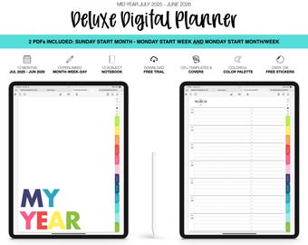 2025-2026 Mid Year Deluxe Digital Planner & 12 Subject Notebook | Monthly, Weekly and Daily Planner | Goodnotes, Noteshelf | Colorful