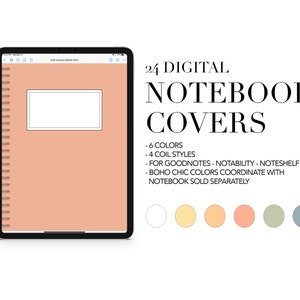 May include: 24 digital notebook covers in six colors. The covers are designed for Goodnotes, Notability, and Noteshelf apps. The colors are white, yellow, orange, peach, green, and blue.