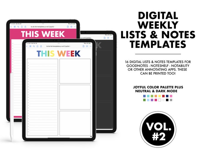 16 Digital Lists and Notes Planning Templates - VOL 2  |  Joyful, Neutral and Dark Mode