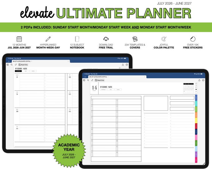 2026-2027 Digital Planner for Goodnotes, Notability, Mid Year, 12 Subject Notebook (Ultimate Elevate in Joyful Color)