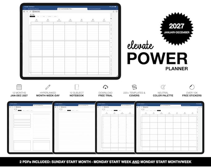 2027 Digital Planner for Goodnotes, Notability, 12 Subject Notebook (Elevate Power in Neutral Color)