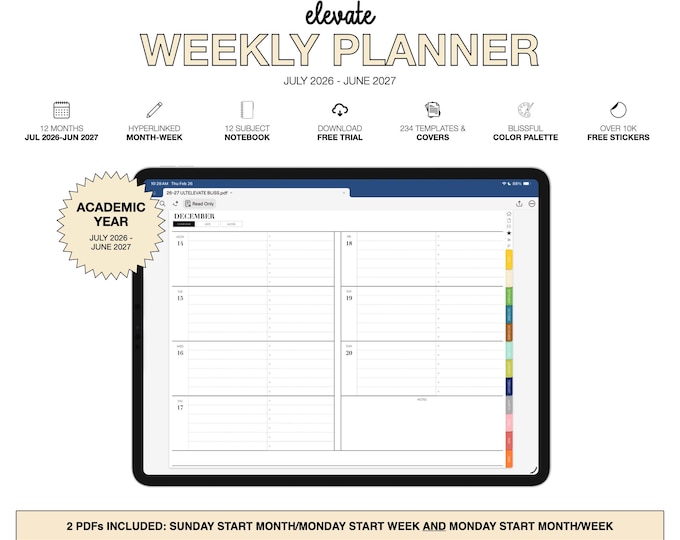 2026-2027 Weekly Digital Planner for Goodnotes, Notability, Mid Year, 12 Subject Notebook (Elevate Weekly in Blissful Color)