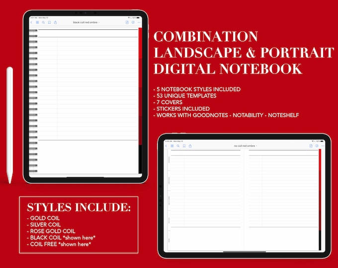 5 Subject Digital Notebook | 53 Templates | Landscape or Portrait | for Goodnotes (Red Ombre Color)