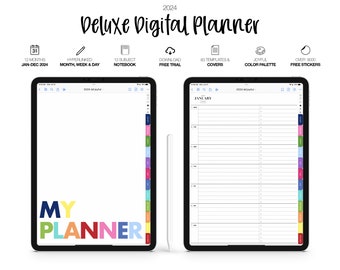 2024 Deluxe digitale planner en notitieboekje met 12 onderwerpen | Maandelijks, wekelijks en dagelijks | Beschikbaar voor Noteshelf, Goodnotes en meer | Blij