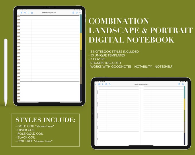 5 Subject Digital Notebook | 53 Templates | Landscape or Portrait | for Goodnotes (Earth Tones Color)