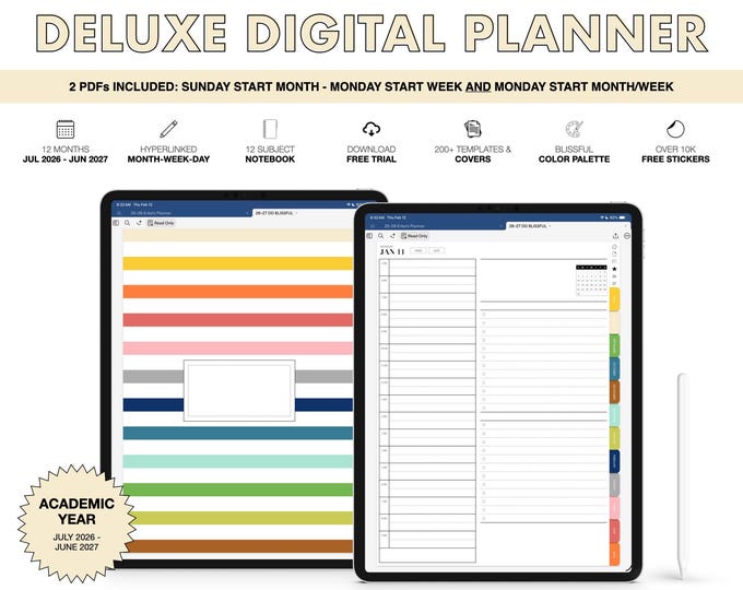 2026-2027 Digital Planner for Goodnotes, Notability, Mid Year, 12 Subject Notebook (Deluxe in Blissful Color)