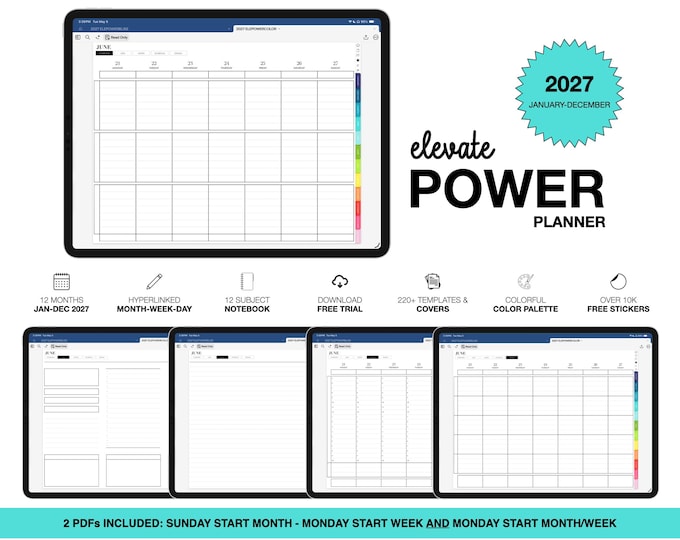 2027 Digital Planner for Goodnotes, Notability, 12 Subject Notebook (Elevate Power in Colorful Color)