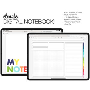 Könnte beinhalten: Eine digitale Notizbuch-App auf dem Bildschirm eines iPads. Die App hat eine karierte Seite mit einem Bereich für Notizen und eine Farbpalette auf der rechten Seite. Der Text "elevate DIGITAL NOTEBOOK" befindet sich oben im Bild.