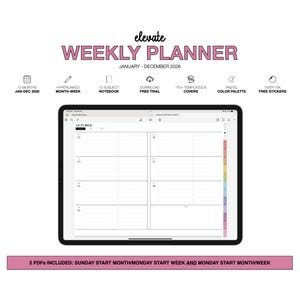 Op de afbeelding: Een digitale weekplanner weergegeven op een tablet. De planner is voor januari-december 2026 en bevat functies zoals hyperlinks, een notitieboek van 12 onderwerpen en meer dan 170 sjablonen. De tekst "WEEKLY PLANNER" is roze.