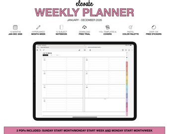 May include: A digital weekly planner displayed on a tablet. The planner is for January-December 2026 and includes features like hyperlinks, a 12-subject notebook, and over 170 templates. The text "WEEKLY PLANNER" is in pink.