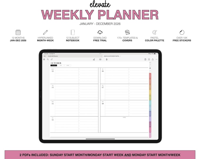 2026 Weekly Digital Planner | Elevate | 12-Subject Notebook | for Goodnotes (Pastel Color)