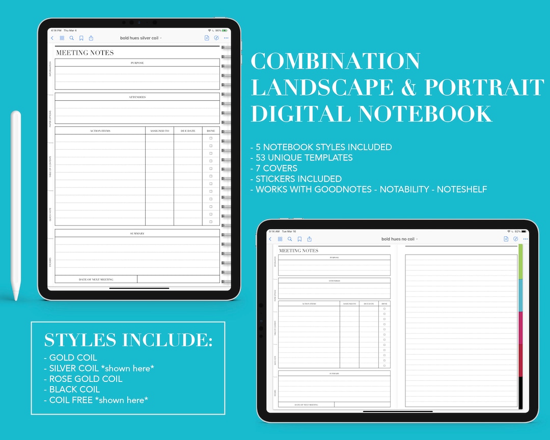 Digital Notebook 5 Subject - 5 Styles - 53 Templates - Landscape or ...